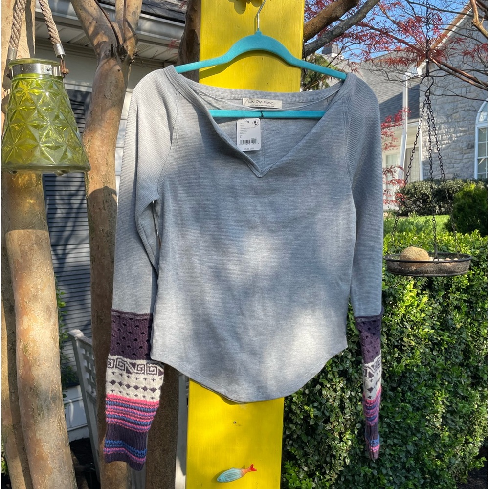 We the Free/FP Heather Gray Combo long sleeve top crochet cuffs Size large NWT